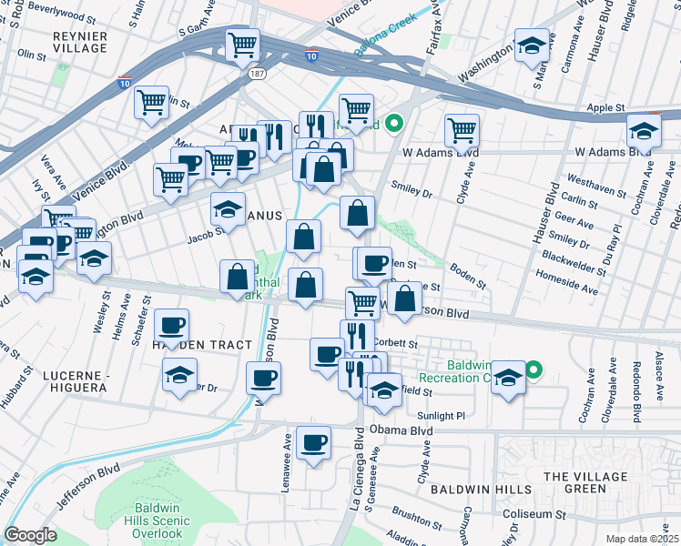 map of restaurants, bars, coffee shops, grocery stores, and more near 5741 West Jefferson Boulevard in Los Angeles