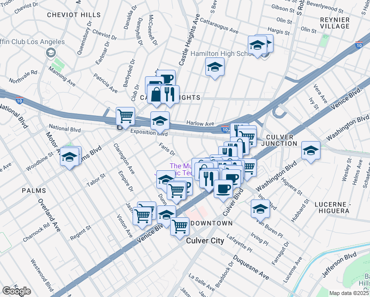 map of restaurants, bars, coffee shops, grocery stores, and more near 3651 Cardiff Avenue in Los Angeles