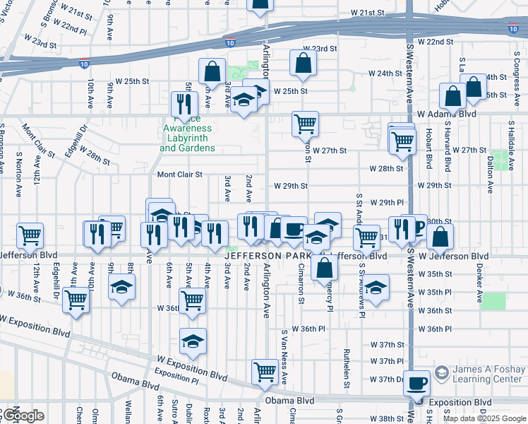 map of restaurants, bars, coffee shops, grocery stores, and more near 2965 Arlington Avenue in Los Angeles