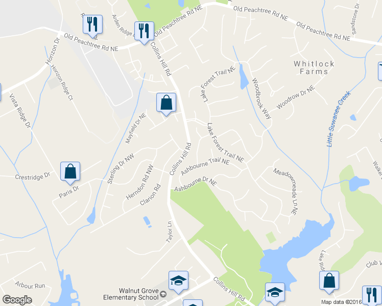 map of restaurants, bars, coffee shops, grocery stores, and more near 2550 Lockemeade Way Northeast in Lawrenceville