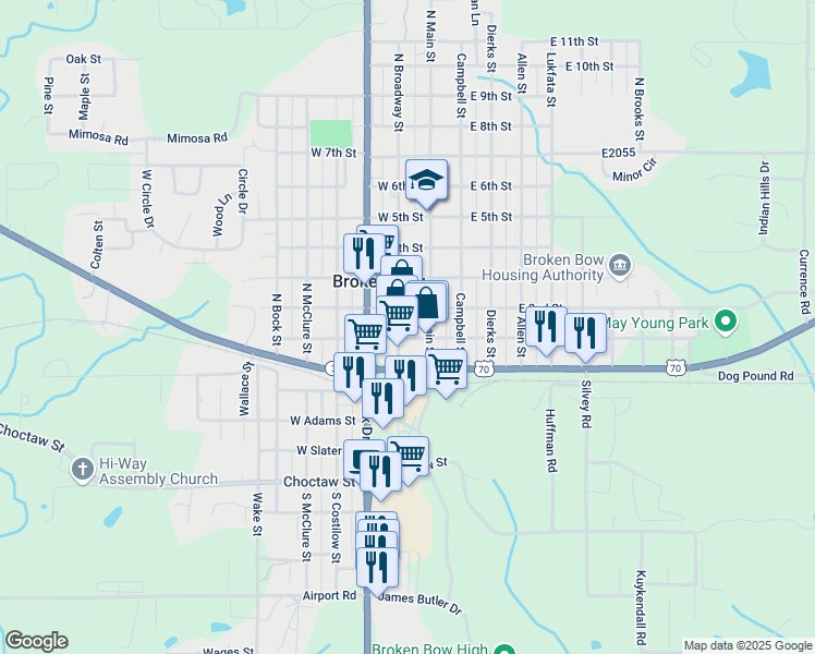 map of restaurants, bars, coffee shops, grocery stores, and more near 216-254 West 1st Street in Broken Bow