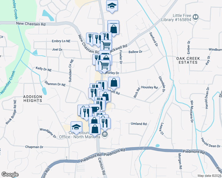 map of restaurants, bars, coffee shops, grocery stores, and more near 3001 Brackett Road in Marietta