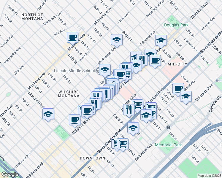 map of restaurants, bars, coffee shops, grocery stores, and more near 1144 15th Street in Santa Monica