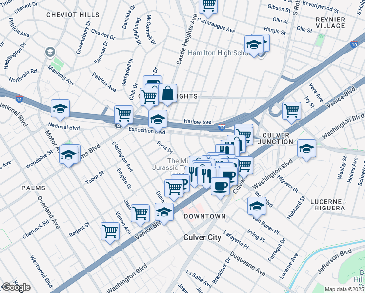 map of restaurants, bars, coffee shops, grocery stores, and more near 3645 Cardiff Avenue in Los Angeles
