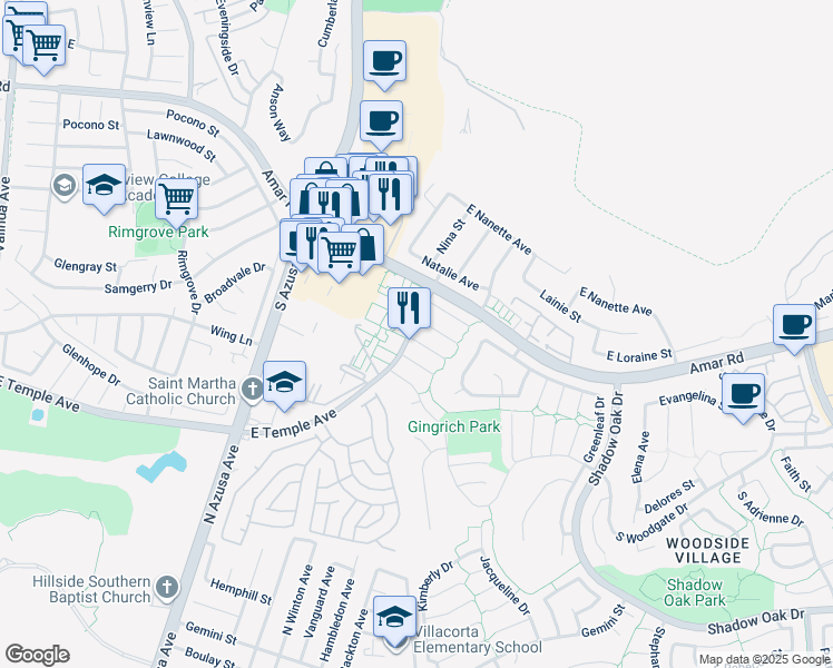 map of restaurants, bars, coffee shops, grocery stores, and more near 1721 Glenridge Circle in West Covina