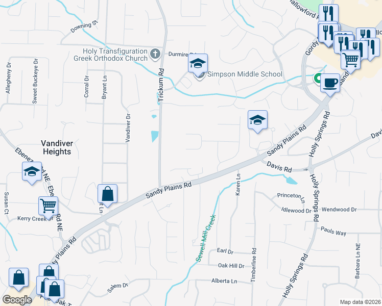 map of restaurants, bars, coffee shops, grocery stores, and more near 2520 Sandy Court in Marietta