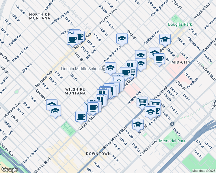 map of restaurants, bars, coffee shops, grocery stores, and more near 1131 14th Street in Santa Monica