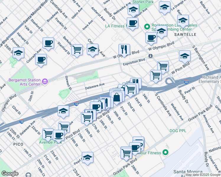 map of restaurants, bars, coffee shops, grocery stores, and more near 3033 Virginia Avenue in Santa Monica