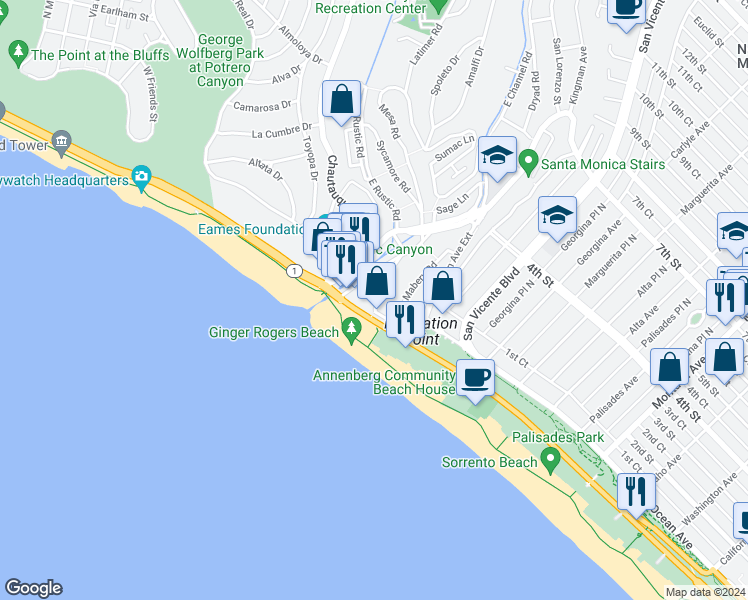 map of restaurants, bars, coffee shops, grocery stores, and more near 117 Ocean Way in Santa Monica