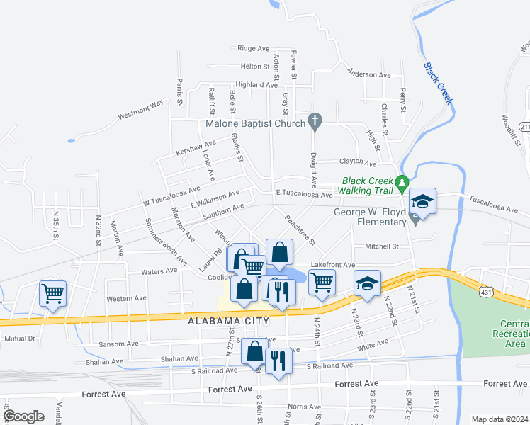 map of restaurants, bars, coffee shops, grocery stores, and more near 17 Cabot Avenue in Gadsden