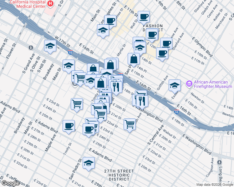 map of restaurants, bars, coffee shops, grocery stores, and more near in Los Angeles
