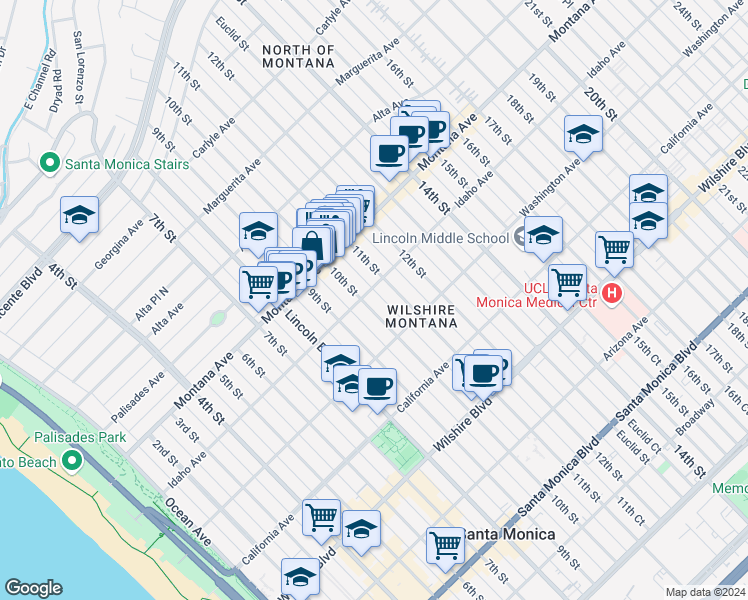 map of restaurants, bars, coffee shops, grocery stores, and more near 901 10th Street in Santa Monica