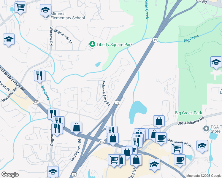 map of restaurants, bars, coffee shops, grocery stores, and more near 223 Chads Ford Way in Roswell
