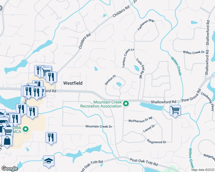 map of restaurants, bars, coffee shops, grocery stores, and more near 3143 Denton Place Northeast in Roswell