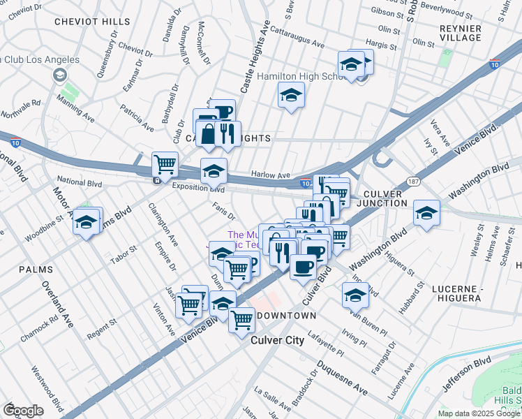 map of restaurants, bars, coffee shops, grocery stores, and more near 3640 Cardiff Avenue in Los Angeles