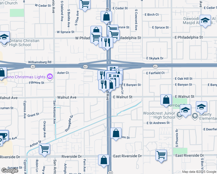 map of restaurants, bars, coffee shops, grocery stores, and more near 95 California 83 in Ontario