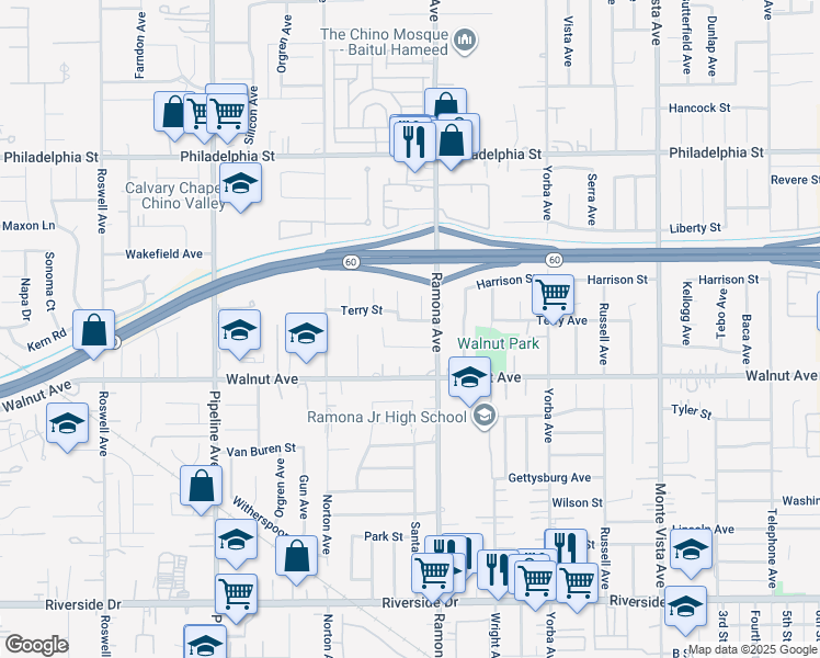 map of restaurants, bars, coffee shops, grocery stores, and more near 4450 Victoria Street in Chino