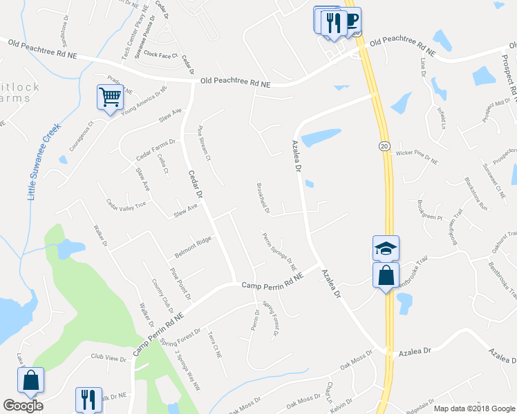 map of restaurants, bars, coffee shops, grocery stores, and more near 2212 Brookfield Drive in Lawrenceville