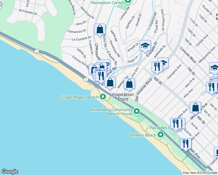 map of restaurants, bars, coffee shops, grocery stores, and more near 117 Ocean Way in Santa Monica