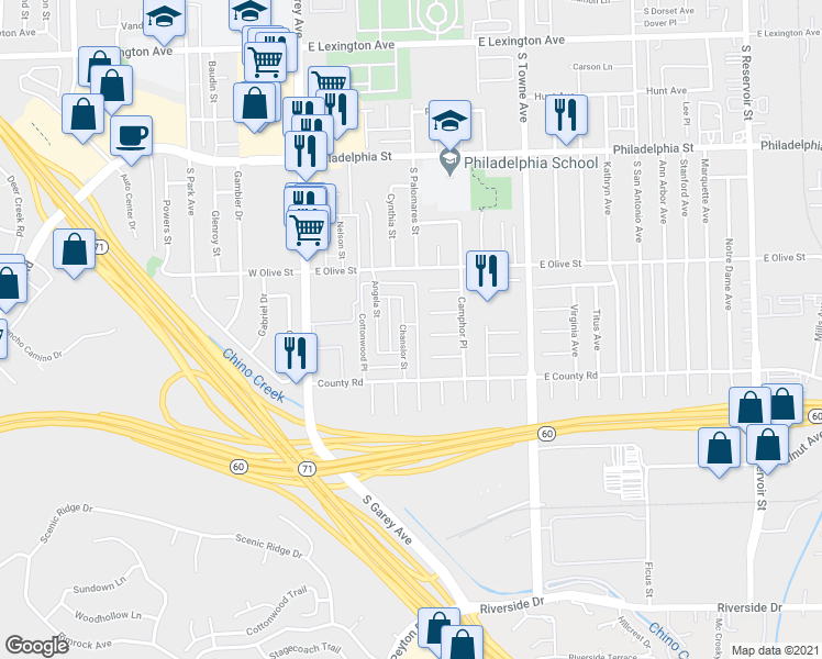 map of restaurants, bars, coffee shops, grocery stores, and more near 2435 Chanslor Street in Pomona