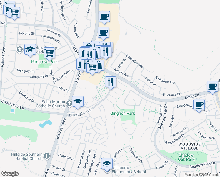 map of restaurants, bars, coffee shops, grocery stores, and more near 1733 Glenridge Circle in West Covina