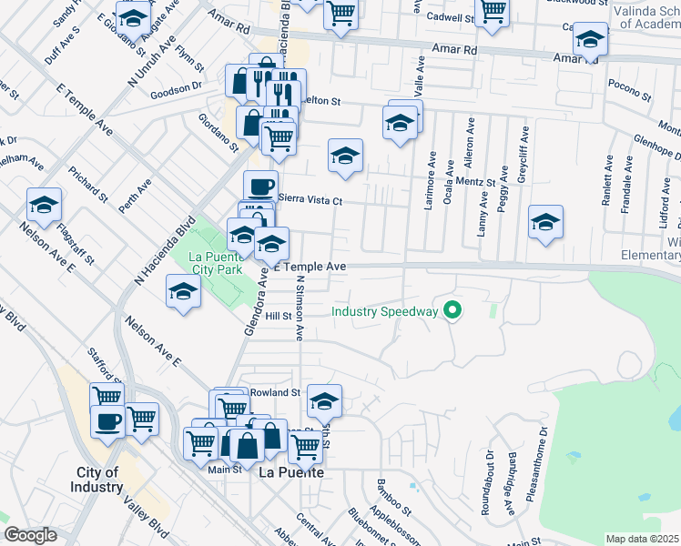 map of restaurants, bars, coffee shops, grocery stores, and more near 15900 Picton Street in La Puente