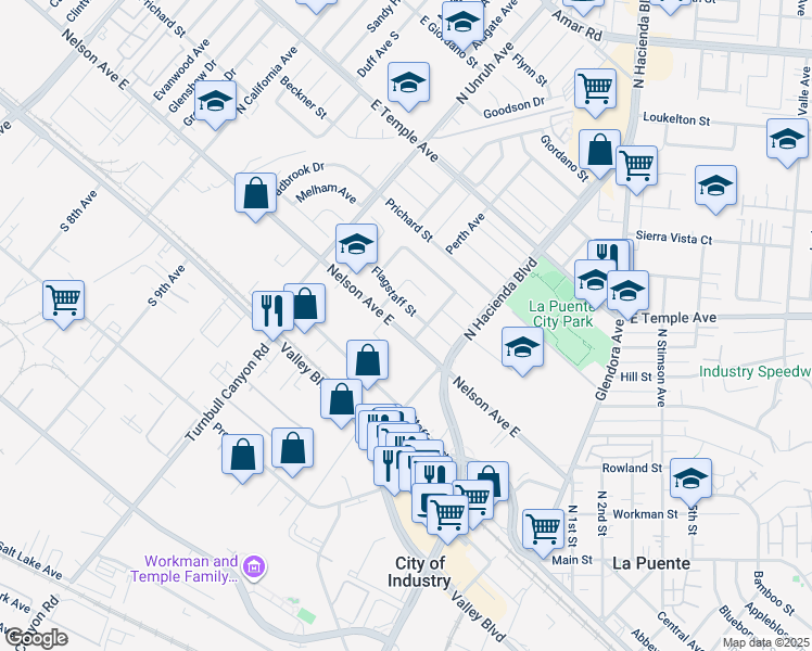 map of restaurants, bars, coffee shops, grocery stores, and more near 15402 Flagstaff Street in La Puente