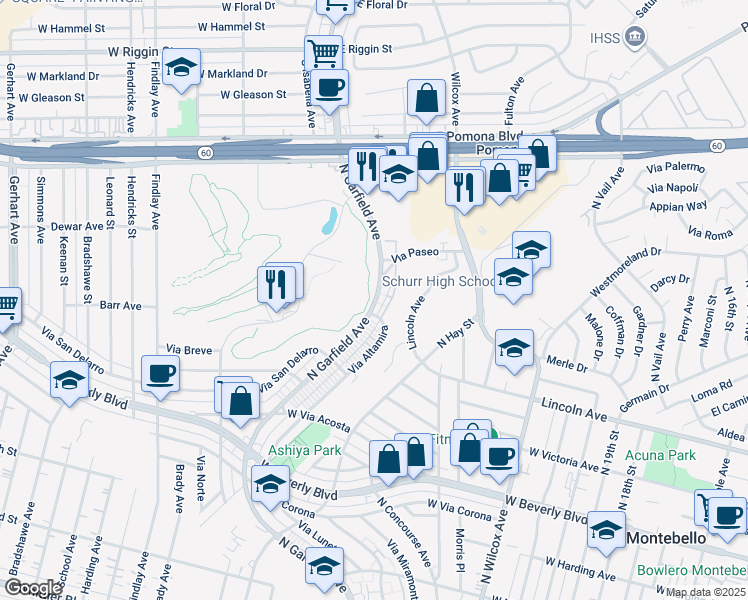 map of restaurants, bars, coffee shops, grocery stores, and more near 768 North Garfield Avenue in Montebello