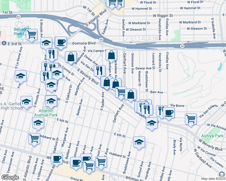 map of restaurants, bars, coffee shops, grocery stores, and more near 5644 East Beverly Boulevard in East Los Angeles