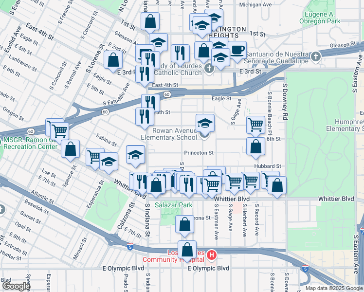 map of restaurants, bars, coffee shops, grocery stores, and more near 627 South Ditman Avenue in Los Angeles