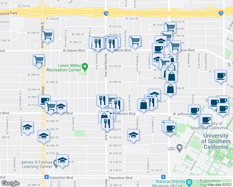 map of restaurants, bars, coffee shops, grocery stores, and more near 1545 West 30th Street in Los Angeles