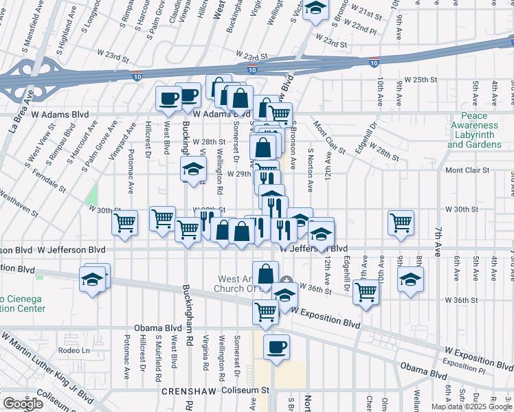 map of restaurants, bars, coffee shops, grocery stores, and more near 3001 South Victoria Avenue in Los Angeles