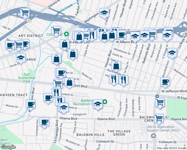 map of restaurants, bars, coffee shops, grocery stores, and more near 5515 Boden Street in Los Angeles