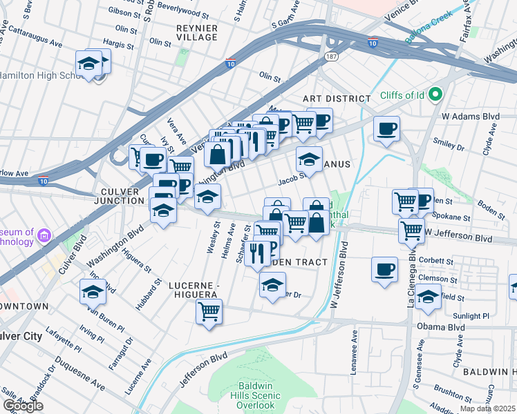 map of restaurants, bars, coffee shops, grocery stores, and more near 3442 Caroline Avenue in Culver City