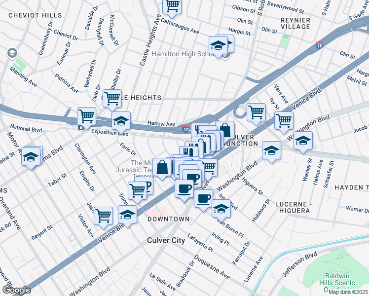 map of restaurants, bars, coffee shops, grocery stores, and more near 3734 South Canfield Avenue in Los Angeles