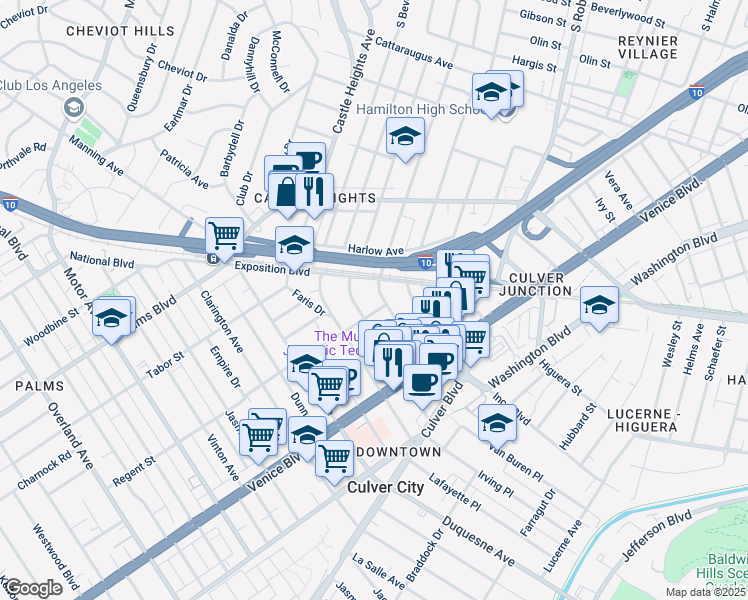 map of restaurants, bars, coffee shops, grocery stores, and more near 3651 Cardiff Avenue in Los Angeles