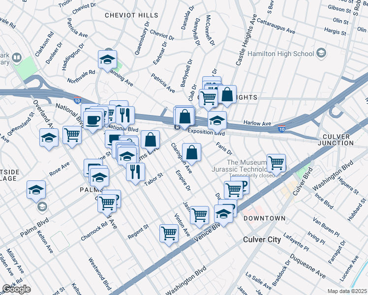map of restaurants, bars, coffee shops, grocery stores, and more near 3546 Clarington Avenue in Los Angeles