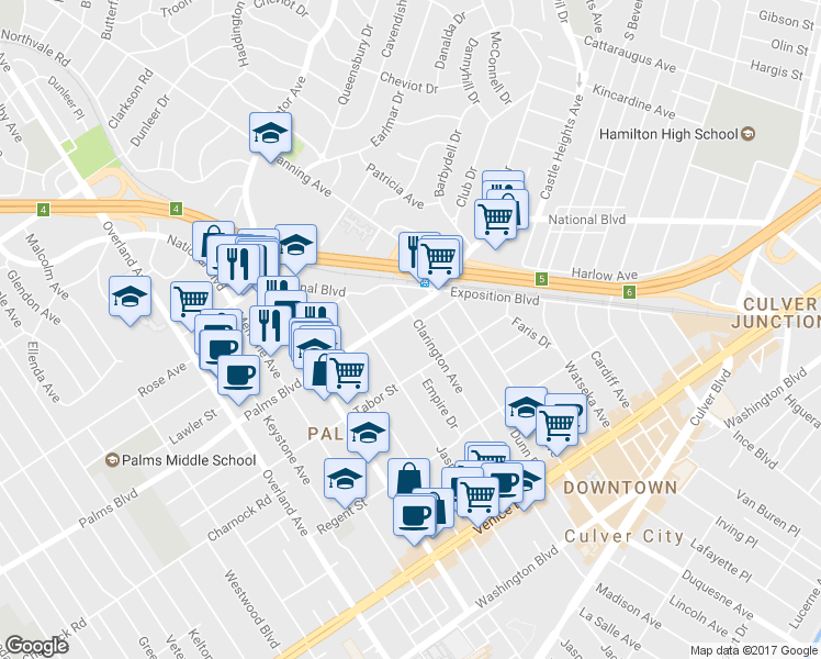 map of restaurants, bars, coffee shops, grocery stores, and more near 10138 Palms Boulevard in Los Angeles