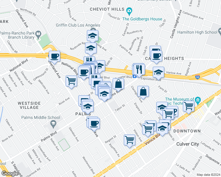 map of restaurants, bars, coffee shops, grocery stores, and more near 3455 Jasmine Avenue in Los Angeles