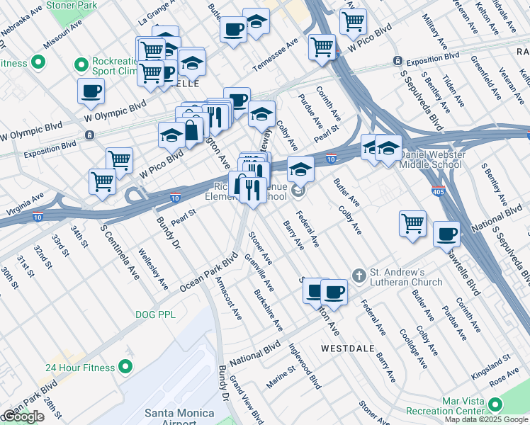 map of restaurants, bars, coffee shops, grocery stores, and more near 11730 Gateway Boulevard in Los Angeles