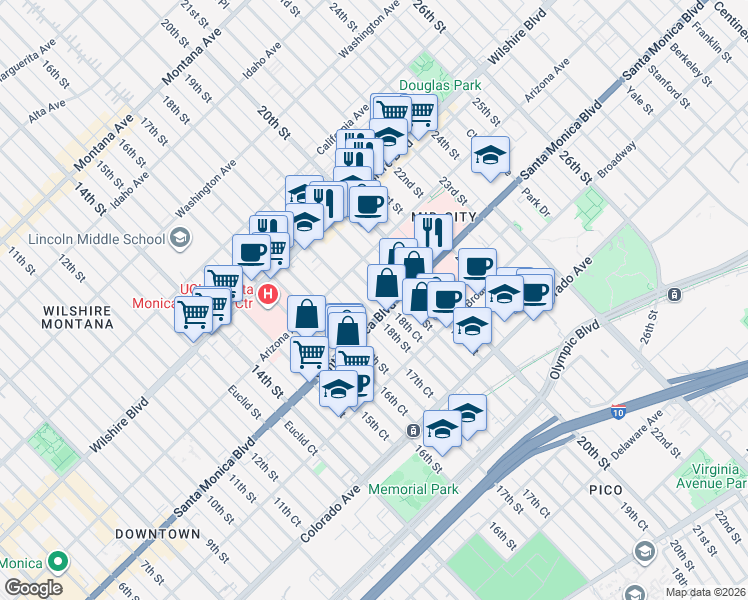 map of restaurants, bars, coffee shops, grocery stores, and more near 1347 18th Street in Santa Monica