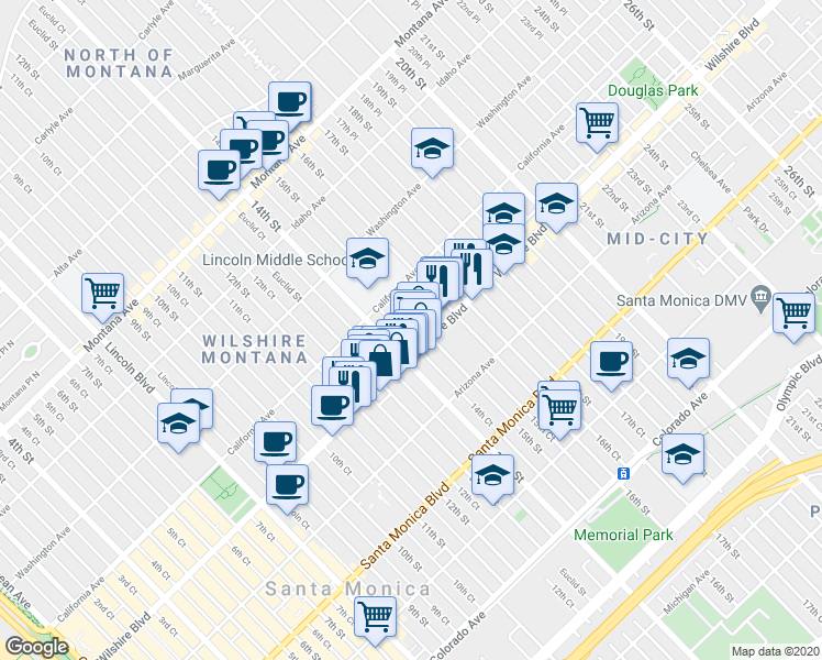 map of restaurants, bars, coffee shops, grocery stores, and more near 1433 Wilshire Boulevard in Santa Monica