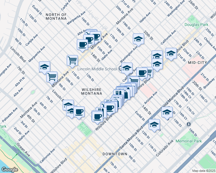 map of restaurants, bars, coffee shops, grocery stores, and more near 1037 12th Court in Santa Monica