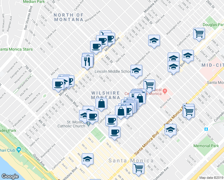 map of restaurants, bars, coffee shops, grocery stores, and more near 1122 Washington Avenue in Santa Monica