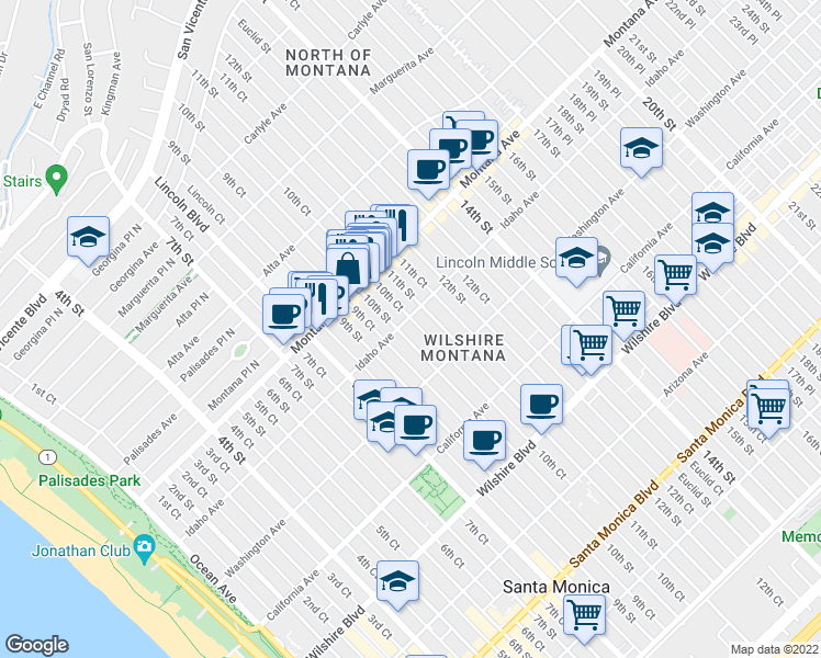 map of restaurants, bars, coffee shops, grocery stores, and more near in Santa Monica