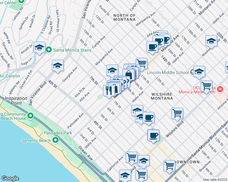 map of restaurants, bars, coffee shops, grocery stores, and more near in Santa Monica