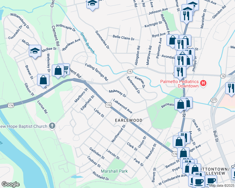 map of restaurants, bars, coffee shops, grocery stores, and more near 3231 Makeway Drive in Columbia