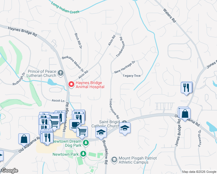 map of restaurants, bars, coffee shops, grocery stores, and more near 10155 Piney Ridge Walk in Alpharetta