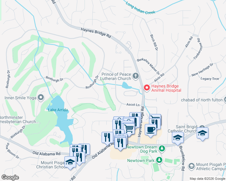 map of restaurants, bars, coffee shops, grocery stores, and more near 2935 Ascot Lane in Roswell
