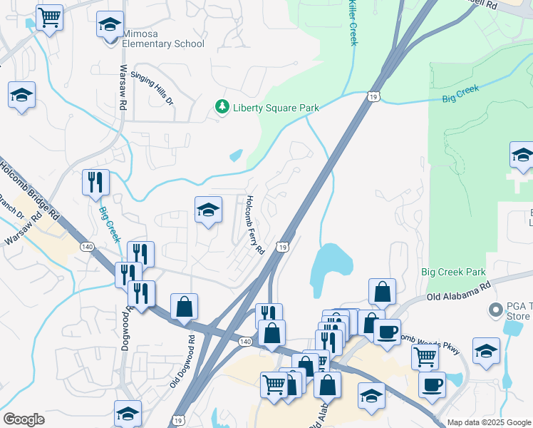 map of restaurants, bars, coffee shops, grocery stores, and more near 223 Chads Ford Way in Roswell